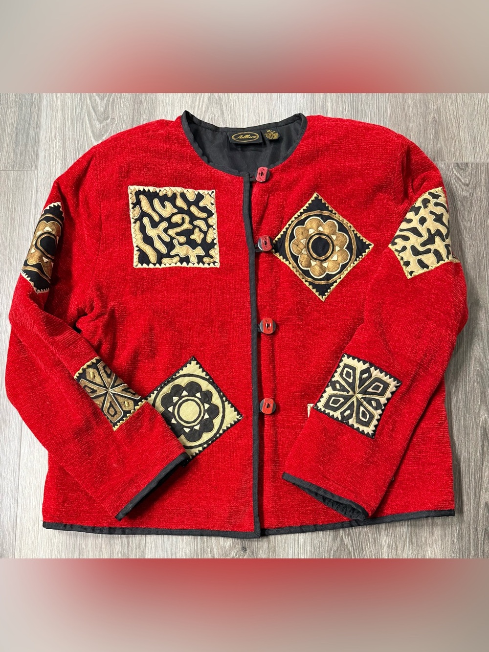 Vintage Allure Red Patchwork Animal Print floral Print Button Front XL Art